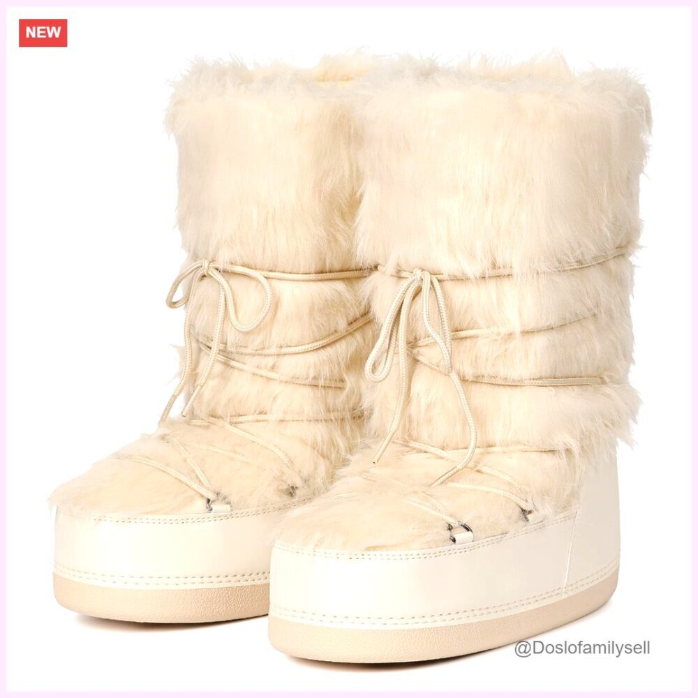 Mid Calf Faux Fur Winter Boots Warm Snow Boots Fuzzy Slip On Shoes